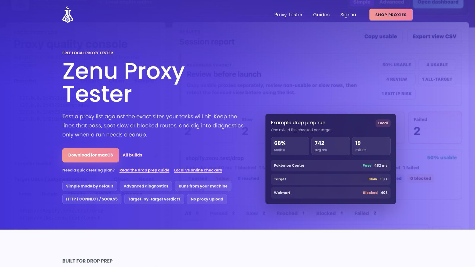 Zenu Proxy Tester showing local target-by-target readiness results