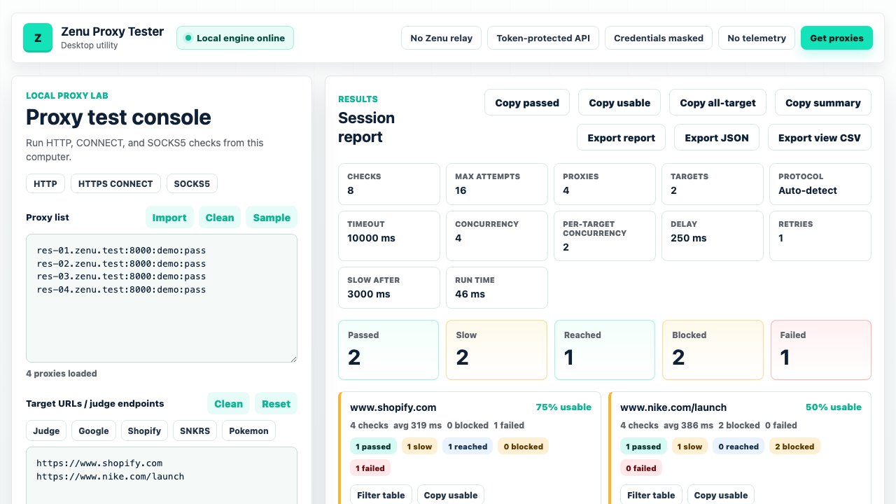 Zenu Proxy Tester desktop app showing proxy health and target results